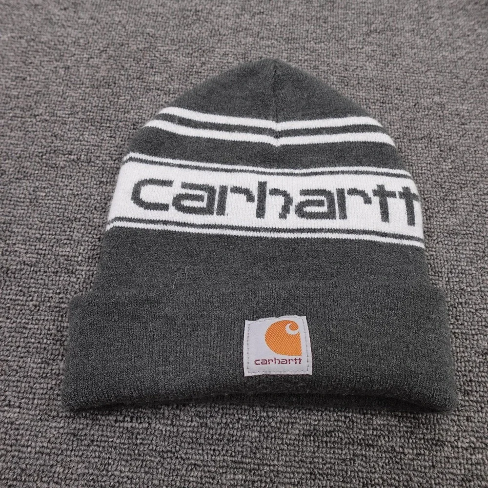Carhartt Hat Beanie Cuffed Knit Youth One Size Gray Stripe Logo Winter Boys